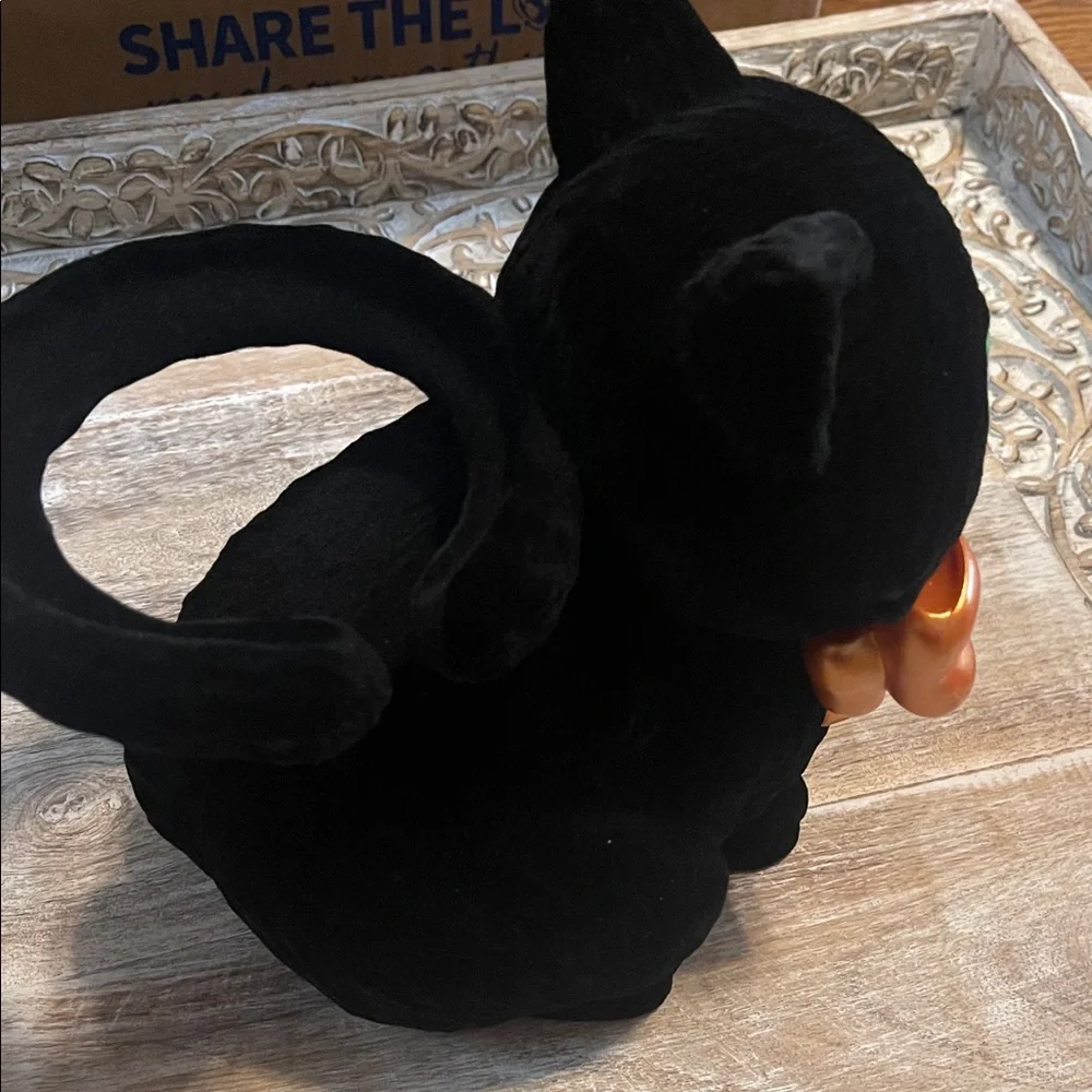 Black Cat Plush with Orange Bow 3 Wick Candle Holder